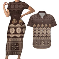 Bula Fiji Iri ni Meke Couples Matching Short Sleeve Bodycon Dress and Hawaiian Shirt Kuvui Fijian Masi LT14 Brown - Polynesian Pride