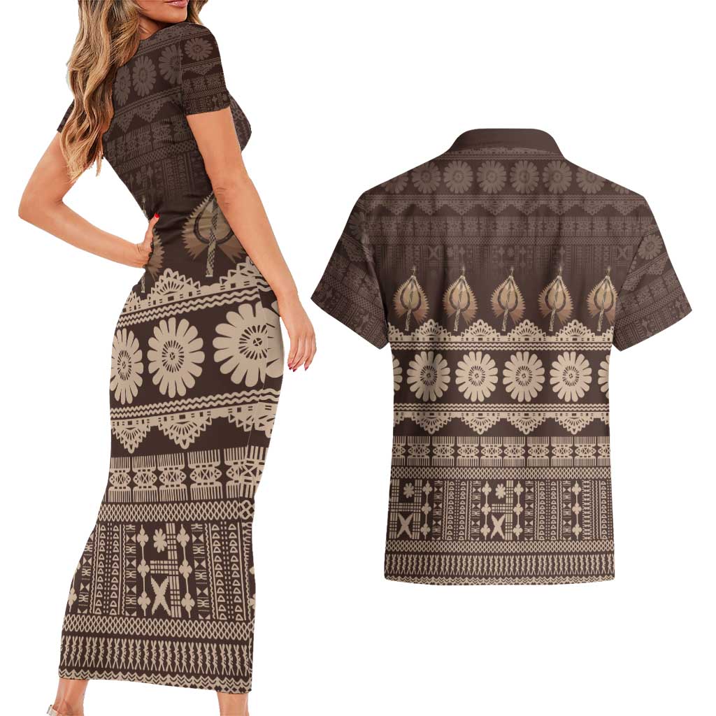 Bula Fiji Iri ni Meke Couples Matching Short Sleeve Bodycon Dress and Hawaiian Shirt Kuvui Fijian Masi LT14 - Polynesian Pride