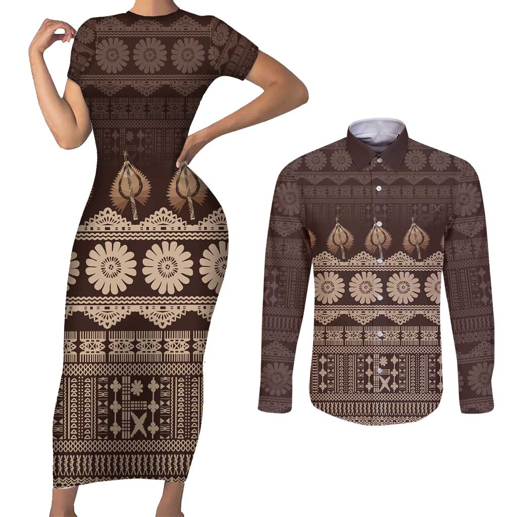 Bula Fiji Iri ni Meke Couples Matching Short Sleeve Bodycon Dress and Long Sleeve Button Shirt Kuvui Fijian Masi LT14 Brown - Polynesian Pride