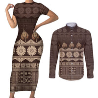Bula Fiji Iri ni Meke Couples Matching Short Sleeve Bodycon Dress and Long Sleeve Button Shirt Kuvui Fijian Masi LT14 Brown - Polynesian Pride