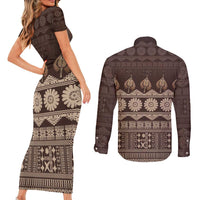 Bula Fiji Iri ni Meke Couples Matching Short Sleeve Bodycon Dress and Long Sleeve Button Shirt Kuvui Fijian Masi LT14 - Polynesian Pride