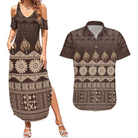 Bula Fiji Iri ni Meke Couples Matching Summer Maxi Dress and Hawaiian Shirt Kuvui Fijian Masi LT14 Brown - Polynesian Pride
