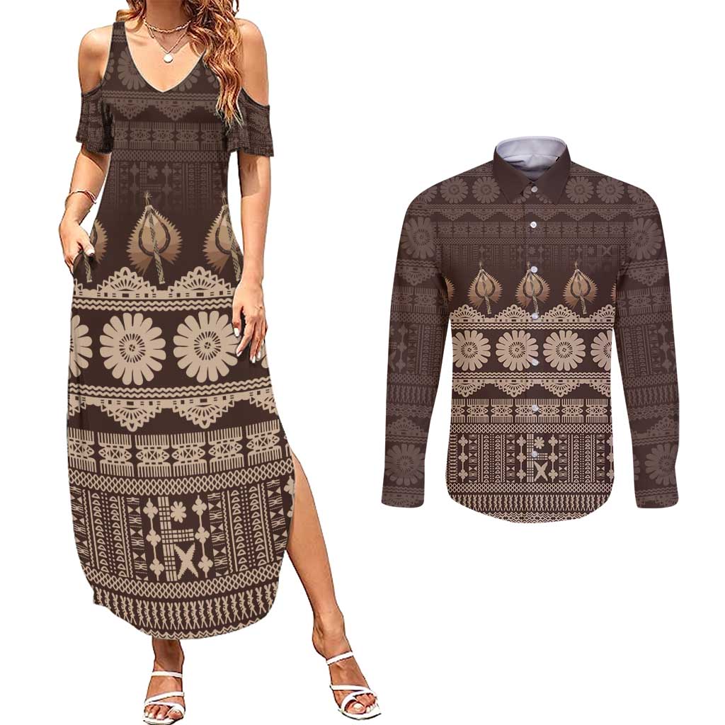 Bula Fiji Iri ni Meke Couples Matching Summer Maxi Dress and Long Sleeve Button Shirt Kuvui Fijian Masi LT14 Brown - Polynesian Pride