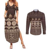 Bula Fiji Iri ni Meke Couples Matching Summer Maxi Dress and Long Sleeve Button Shirt Kuvui Fijian Masi LT14 Brown - Polynesian Pride