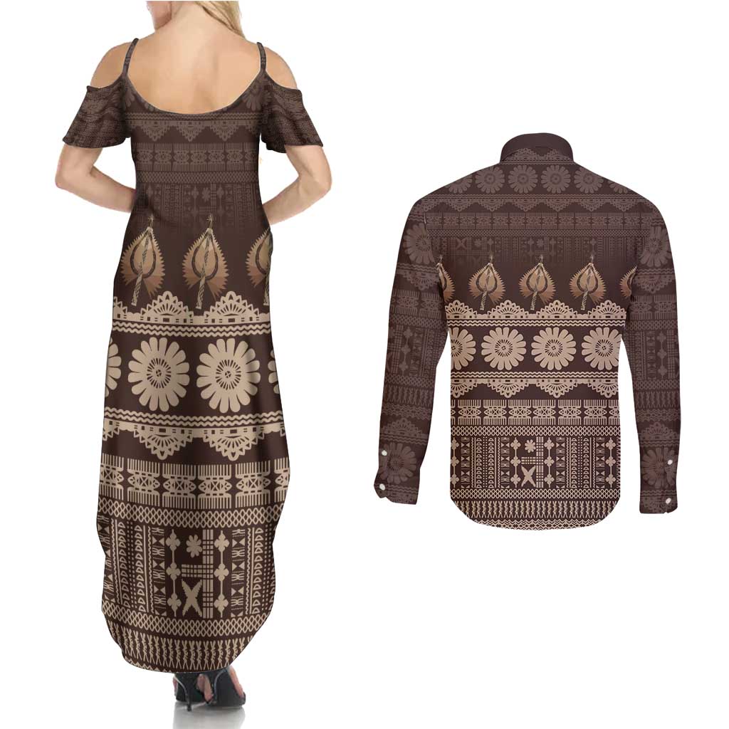 Bula Fiji Iri ni Meke Couples Matching Summer Maxi Dress and Long Sleeve Button Shirt Kuvui Fijian Masi LT14 - Polynesian Pride