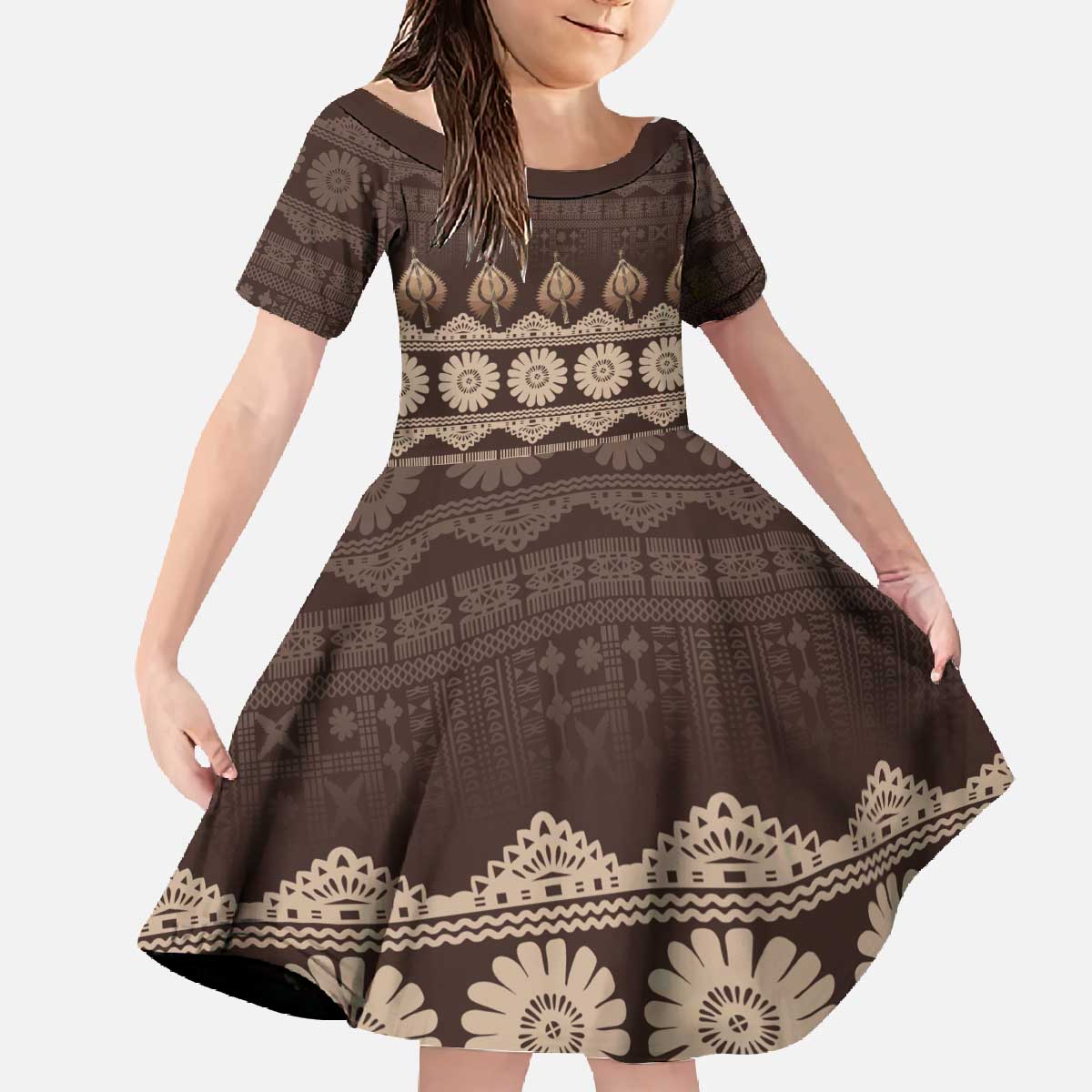 Bula Fiji Iri ni Meke Family Matching Off The Shoulder Long Sleeve Dress and Hawaiian Shirt Kuvui Fijian Masi LT14 Daughter's Dress Brown - Polynesian Pride