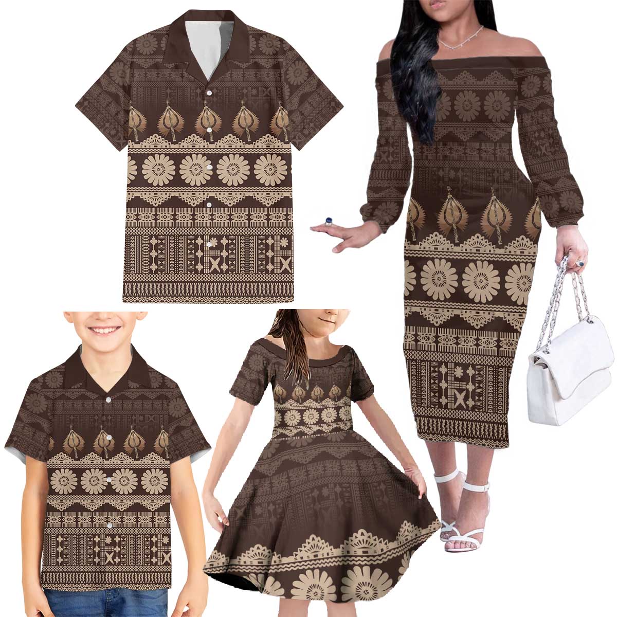 Bula Fiji Iri ni Meke Family Matching Off The Shoulder Long Sleeve Dress and Hawaiian Shirt Kuvui Fijian Masi LT14 - Polynesian Pride