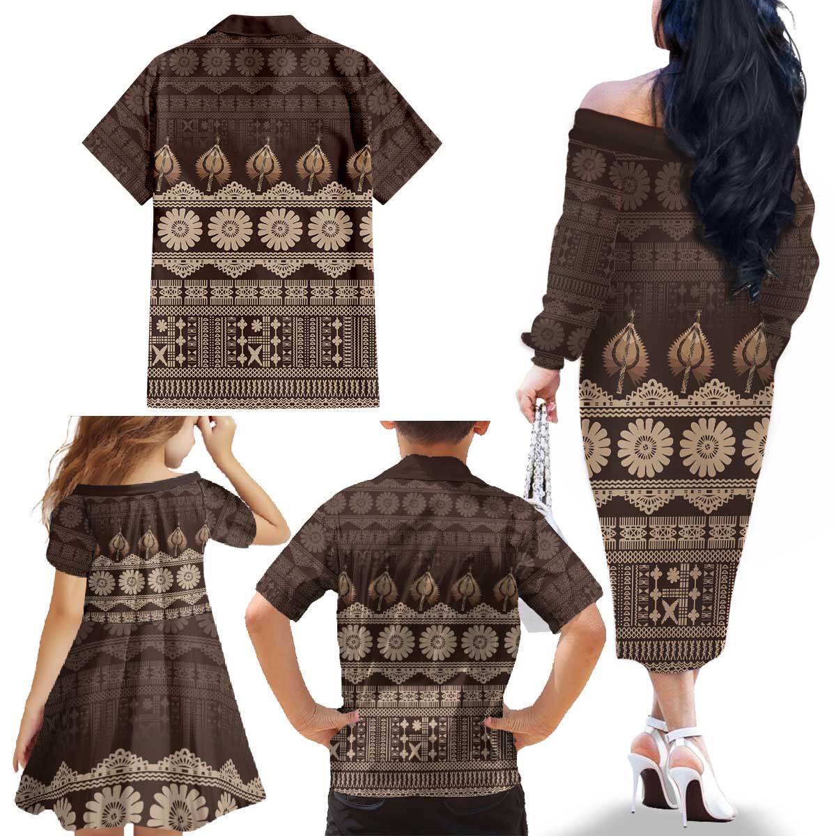 Bula Fiji Iri ni Meke Family Matching Off The Shoulder Long Sleeve Dress and Hawaiian Shirt Kuvui Fijian Masi LT14 - Polynesian Pride