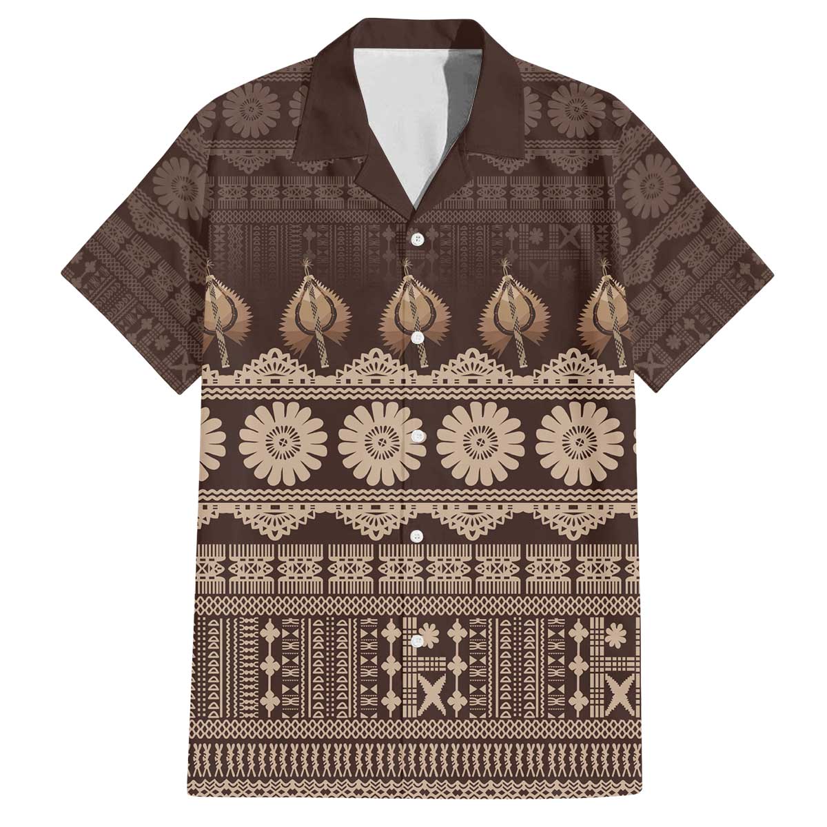 Bula Fiji Iri ni Meke Family Matching Off The Shoulder Long Sleeve Dress and Hawaiian Shirt Kuvui Fijian Masi LT14 Dad's Shirt - Short Sleeve Brown - Polynesian Pride