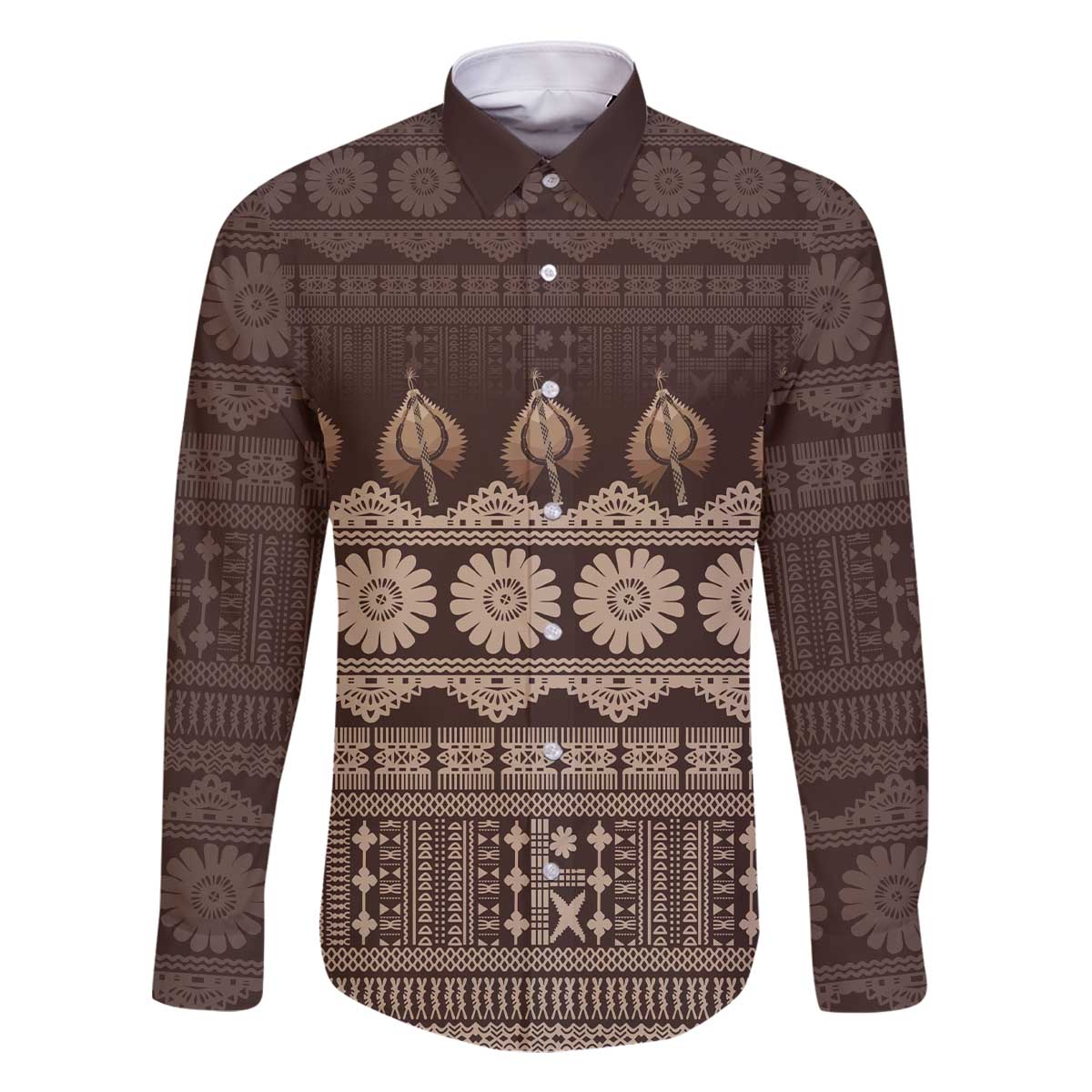Bula Fiji Iri ni Meke Family Matching Off The Shoulder Long Sleeve Dress and Hawaiian Shirt Kuvui Fijian Masi LT14 Dad's Shirt - Long Sleeve Brown - Polynesian Pride