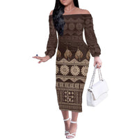 Bula Fiji Iri ni Meke Family Matching Off The Shoulder Long Sleeve Dress and Hawaiian Shirt Kuvui Fijian Masi LT14 Mom's Dress Brown - Polynesian Pride