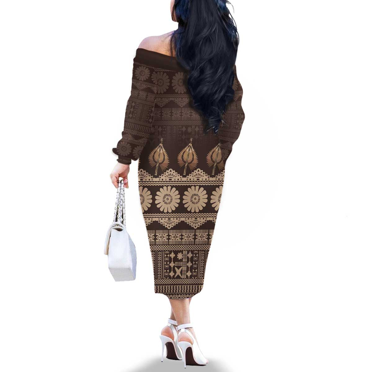 Bula Fiji Iri ni Meke Family Matching Off The Shoulder Long Sleeve Dress and Hawaiian Shirt Kuvui Fijian Masi LT14 - Polynesian Pride