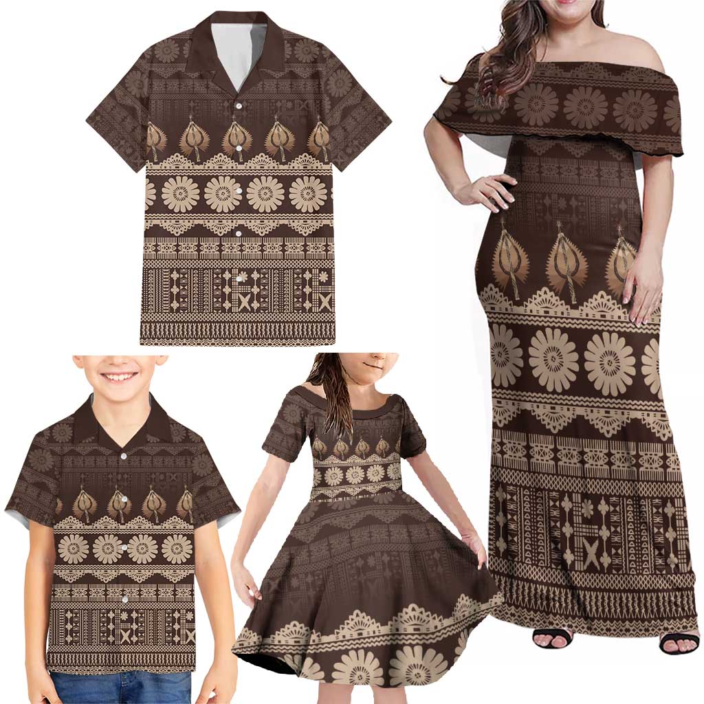 Bula Fiji Iri ni Meke Family Matching Off Shoulder Maxi Dress and Hawaiian Shirt Kuvui Fijian Masi LT14 - Polynesian Pride