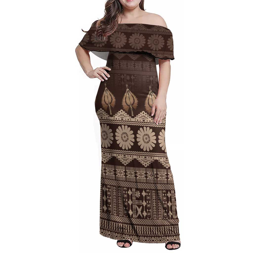 Bula Fiji Iri ni Meke Family Matching Off Shoulder Maxi Dress and Hawaiian Shirt Kuvui Fijian Masi LT14 Mom's Dress Brown - Polynesian Pride