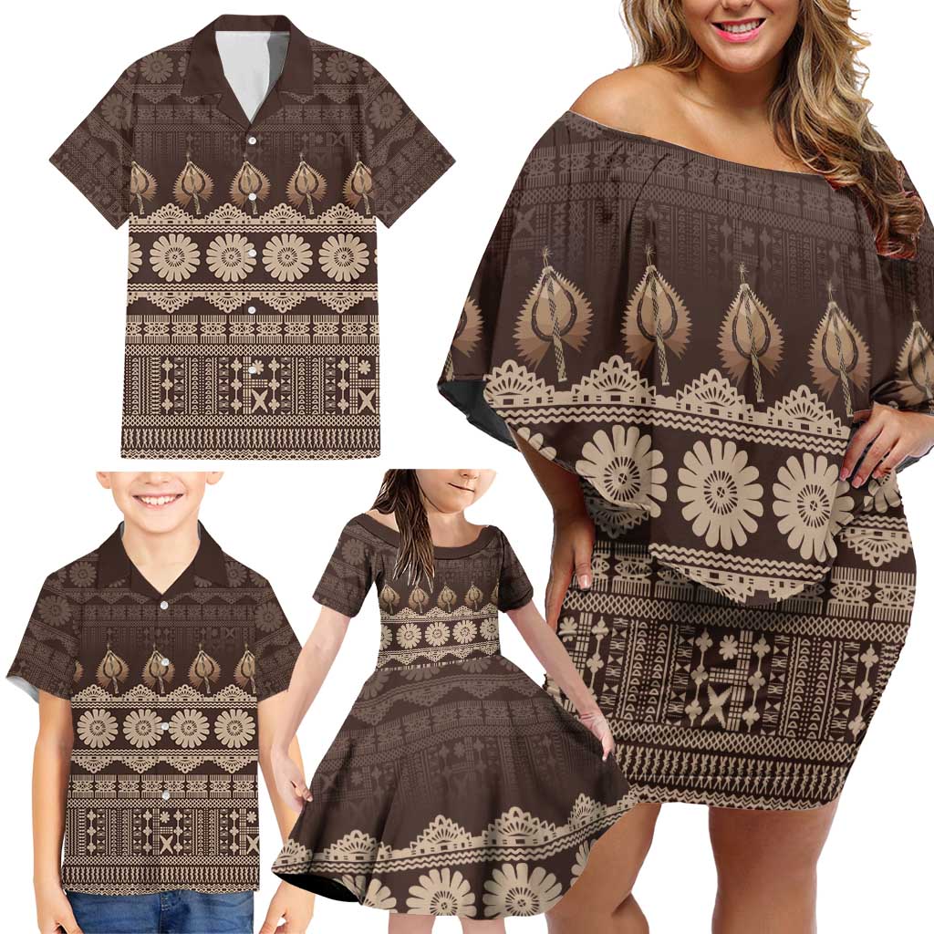 Bula Fiji Iri ni Meke Family Matching Off Shoulder Short Dress and Hawaiian Shirt Kuvui Fijian Masi LT14 - Polynesian Pride