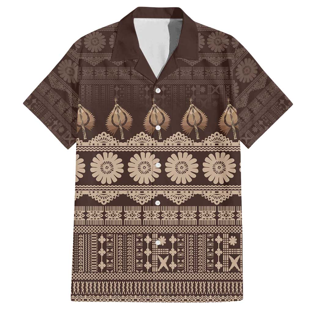 Bula Fiji Iri ni Meke Family Matching Off Shoulder Short Dress and Hawaiian Shirt Kuvui Fijian Masi LT14 Dad's Shirt - Short Sleeve Brown - Polynesian Pride