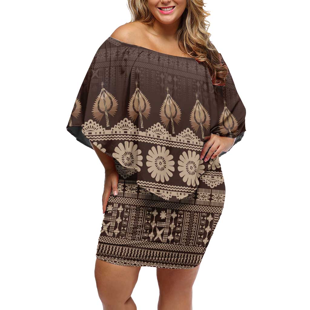 Bula Fiji Iri ni Meke Family Matching Off Shoulder Short Dress and Hawaiian Shirt Kuvui Fijian Masi LT14 Mom's Dress Brown - Polynesian Pride