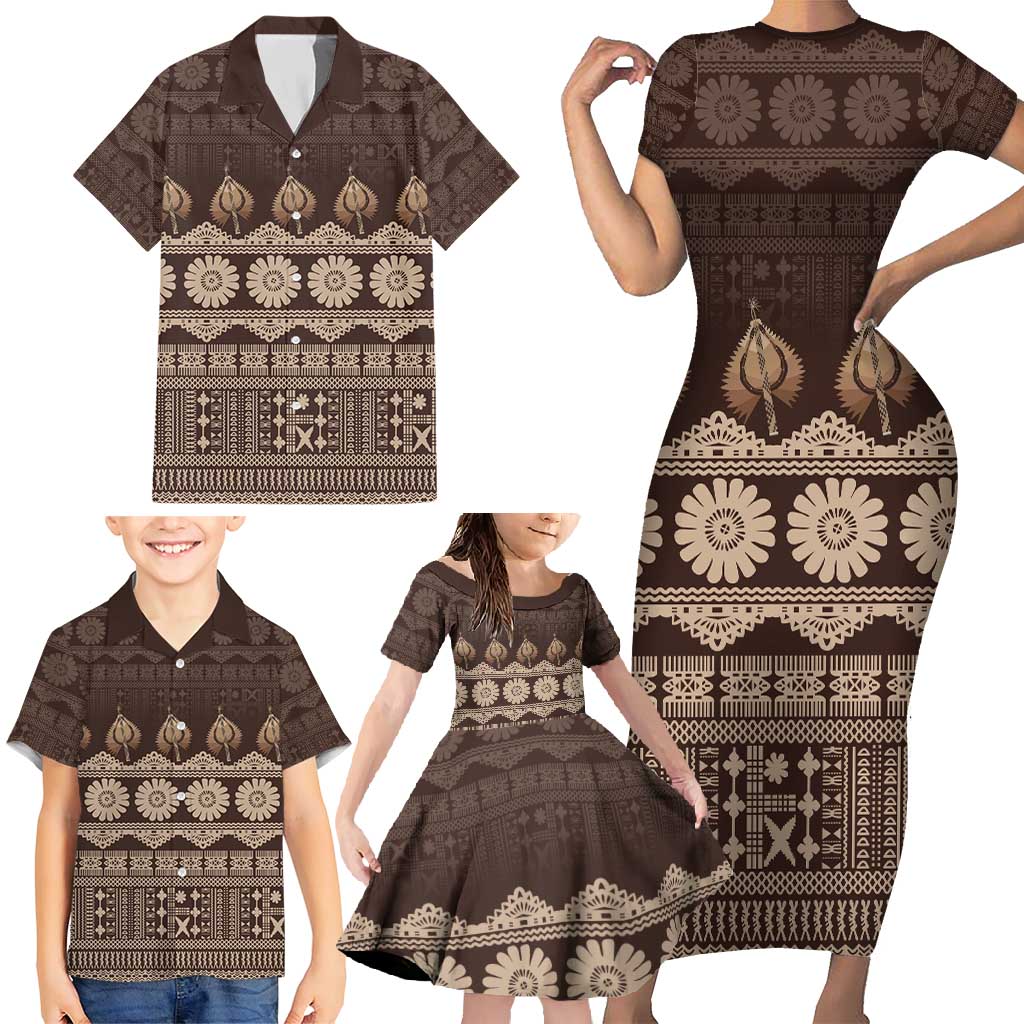 Bula Fiji Iri ni Meke Family Matching Short Sleeve Bodycon Dress and Hawaiian Shirt Kuvui Fijian Masi LT14 - Polynesian Pride