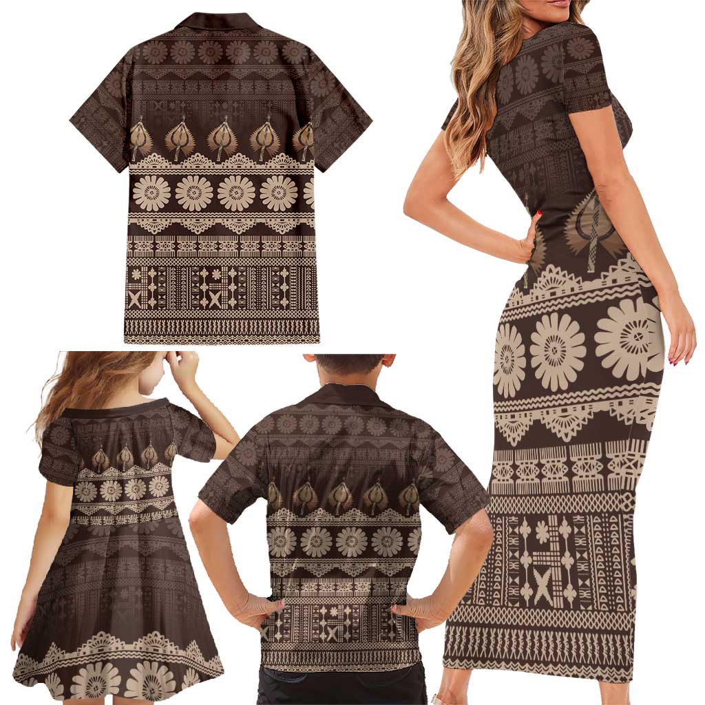 Bula Fiji Iri ni Meke Family Matching Short Sleeve Bodycon Dress and Hawaiian Shirt Kuvui Fijian Masi LT14 - Polynesian Pride