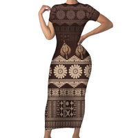 Bula Fiji Iri ni Meke Family Matching Short Sleeve Bodycon Dress and Hawaiian Shirt Kuvui Fijian Masi LT14 Mom's Dress Brown - Polynesian Pride