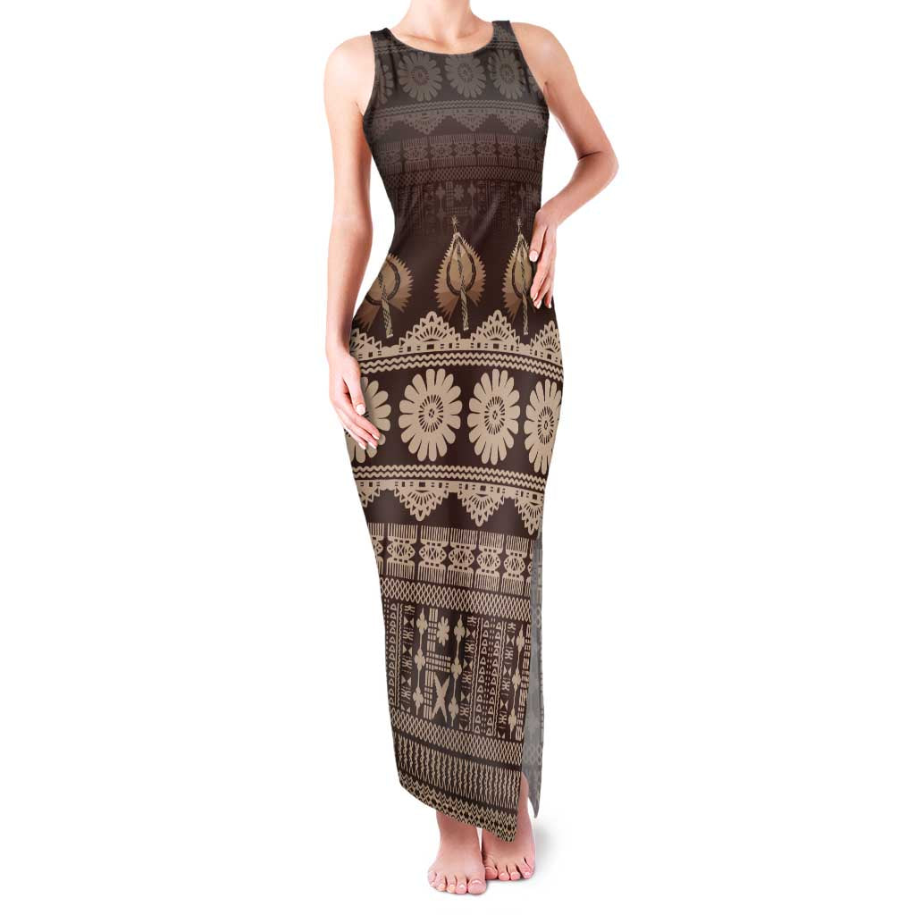 Bula Fiji Iri ni Meke Family Matching Tank Maxi Dress and Hawaiian Shirt Kuvui Fijian Masi LT14 Mom's Dress Brown - Polynesian Pride