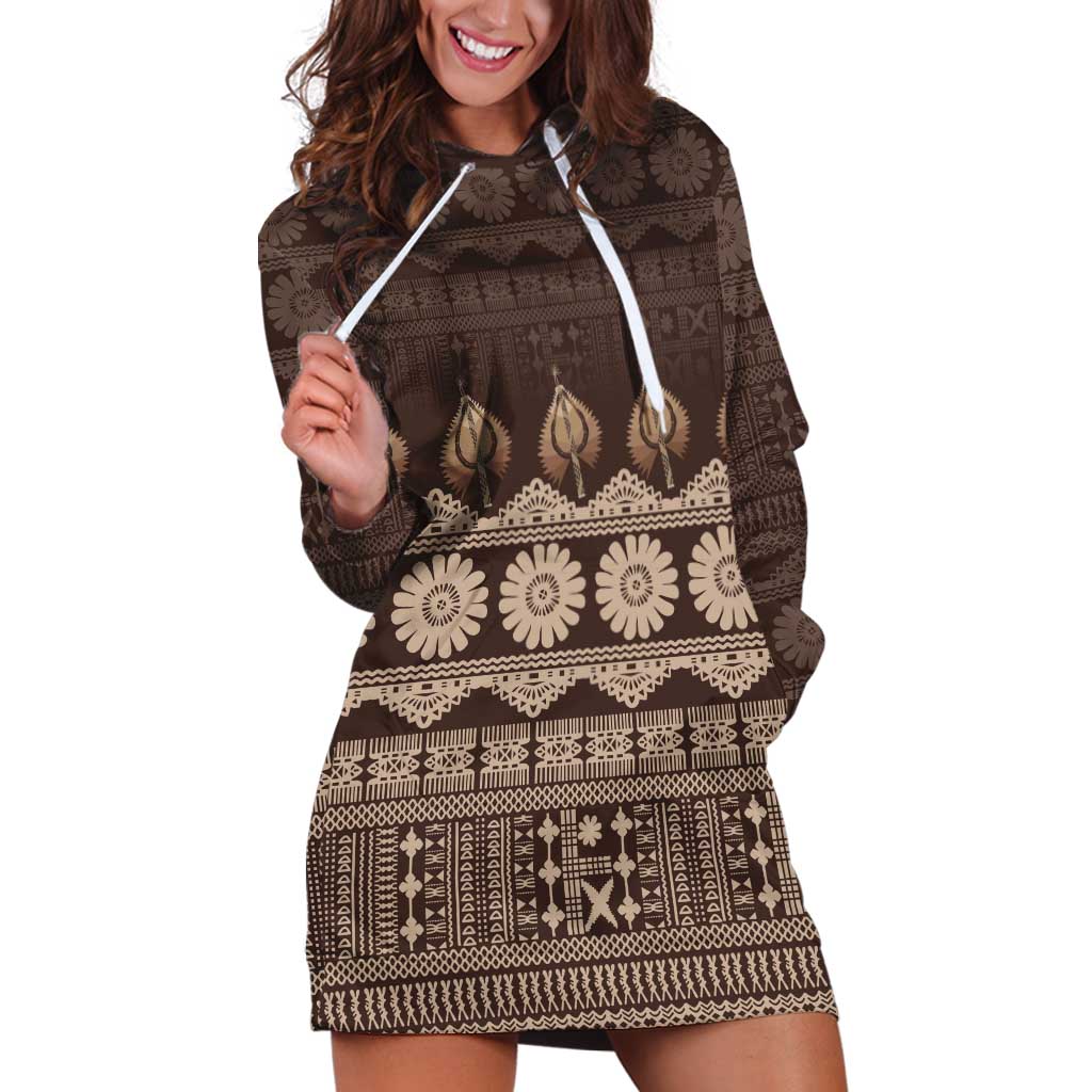 Bula Fiji Iri ni Meke Hoodie Dress Kuvui Fijian Masi LT14 Brown - Polynesian Pride