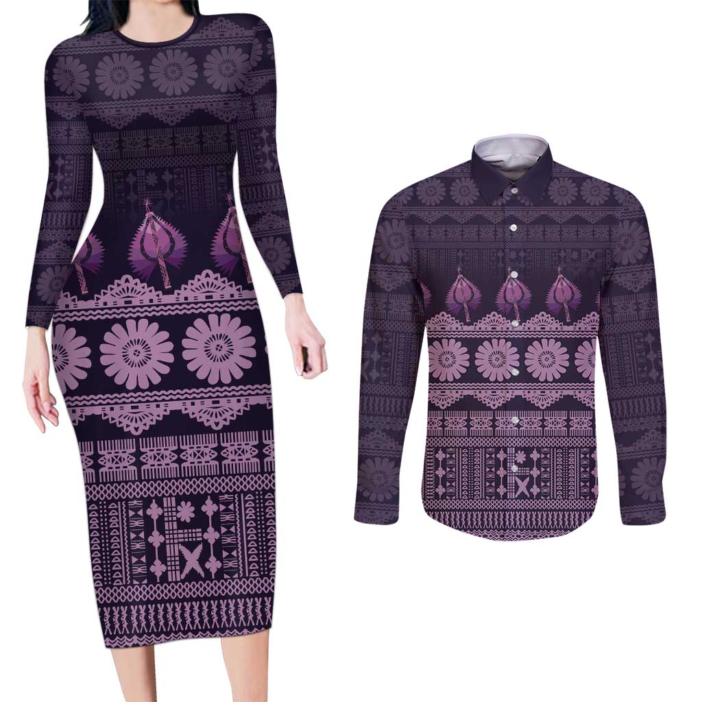 Bula Fiji Iri ni Meke Couples Matching Long Sleeve Bodycon Dress and Long Sleeve Button Shirt Lokaloka Fijian Masi LT14 Purple - Polynesian Pride