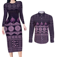 Bula Fiji Iri ni Meke Couples Matching Long Sleeve Bodycon Dress and Long Sleeve Button Shirt Lokaloka Fijian Masi LT14 Purple - Polynesian Pride