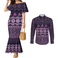 Bula Fiji Iri ni Meke Couples Matching Mermaid Dress and Long Sleeve Button Shirt Lokaloka Fijian Masi LT14 Purple - Polynesian Pride