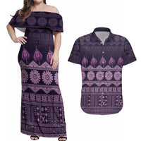 Bula Fiji Iri ni Meke Couples Matching Off Shoulder Maxi Dress and Hawaiian Shirt Lokaloka Fijian Masi LT14 Purple - Polynesian Pride