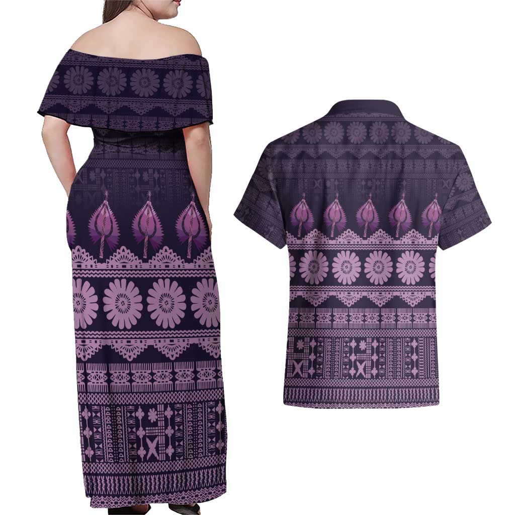 Bula Fiji Iri ni Meke Couples Matching Off Shoulder Maxi Dress and Hawaiian Shirt Lokaloka Fijian Masi LT14 - Polynesian Pride