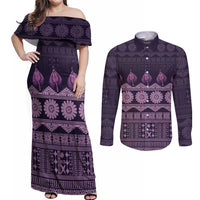 Bula Fiji Iri ni Meke Couples Matching Off Shoulder Maxi Dress and Long Sleeve Button Shirt Lokaloka Fijian Masi LT14 Purple - Polynesian Pride