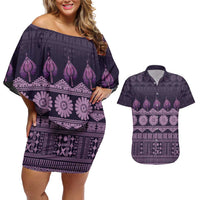 Bula Fiji Iri ni Meke Couples Matching Off Shoulder Short Dress and Hawaiian Shirt Lokaloka Fijian Masi LT14 Purple - Polynesian Pride