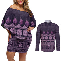 Bula Fiji Iri ni Meke Couples Matching Off Shoulder Short Dress and Long Sleeve Button Shirt Lokaloka Fijian Masi LT14 Purple - Polynesian Pride