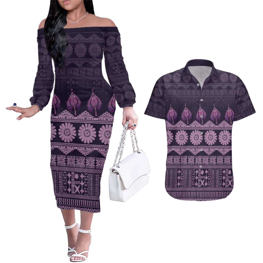 Bula Fiji Iri ni Meke Couples Matching Off The Shoulder Long Sleeve Dress and Hawaiian Shirt Lokaloka Fijian Masi LT14 Purple - Polynesian Pride