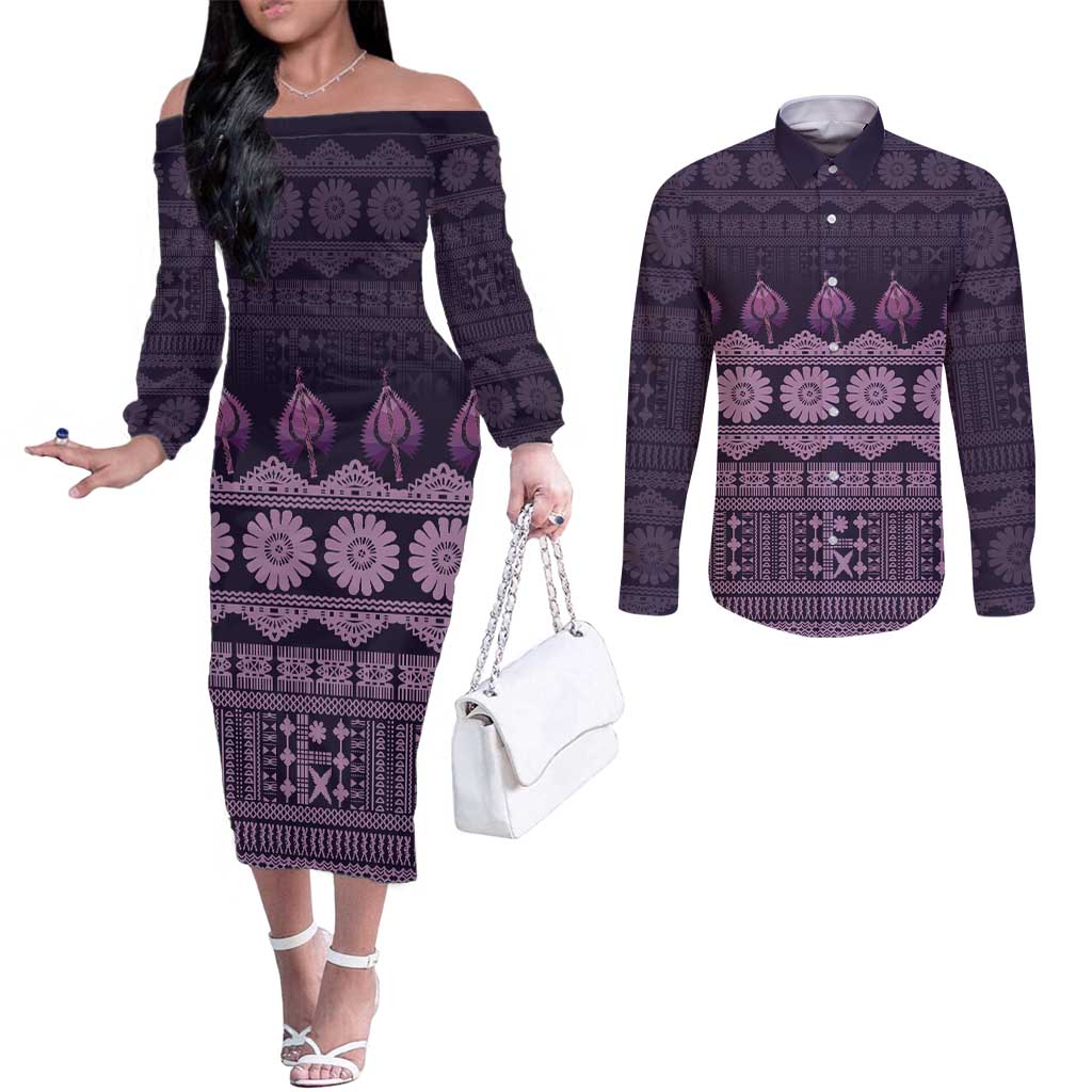 Bula Fiji Iri ni Meke Couples Matching Off The Shoulder Long Sleeve Dress and Long Sleeve Button Shirt Lokaloka Fijian Masi LT14 Purple - Polynesian Pride