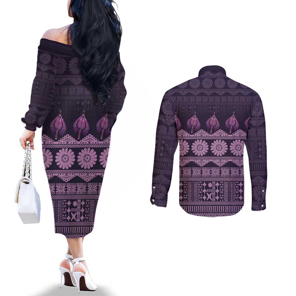 Bula Fiji Iri ni Meke Couples Matching Off The Shoulder Long Sleeve Dress and Long Sleeve Button Shirt Lokaloka Fijian Masi LT14 - Polynesian Pride