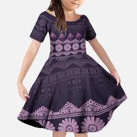 Bula Fiji Iri ni Meke Family Matching Mermaid Dress and Hawaiian Shirt Lokaloka Fijian Masi LT14 Daughter's Dress Purple - Polynesian Pride