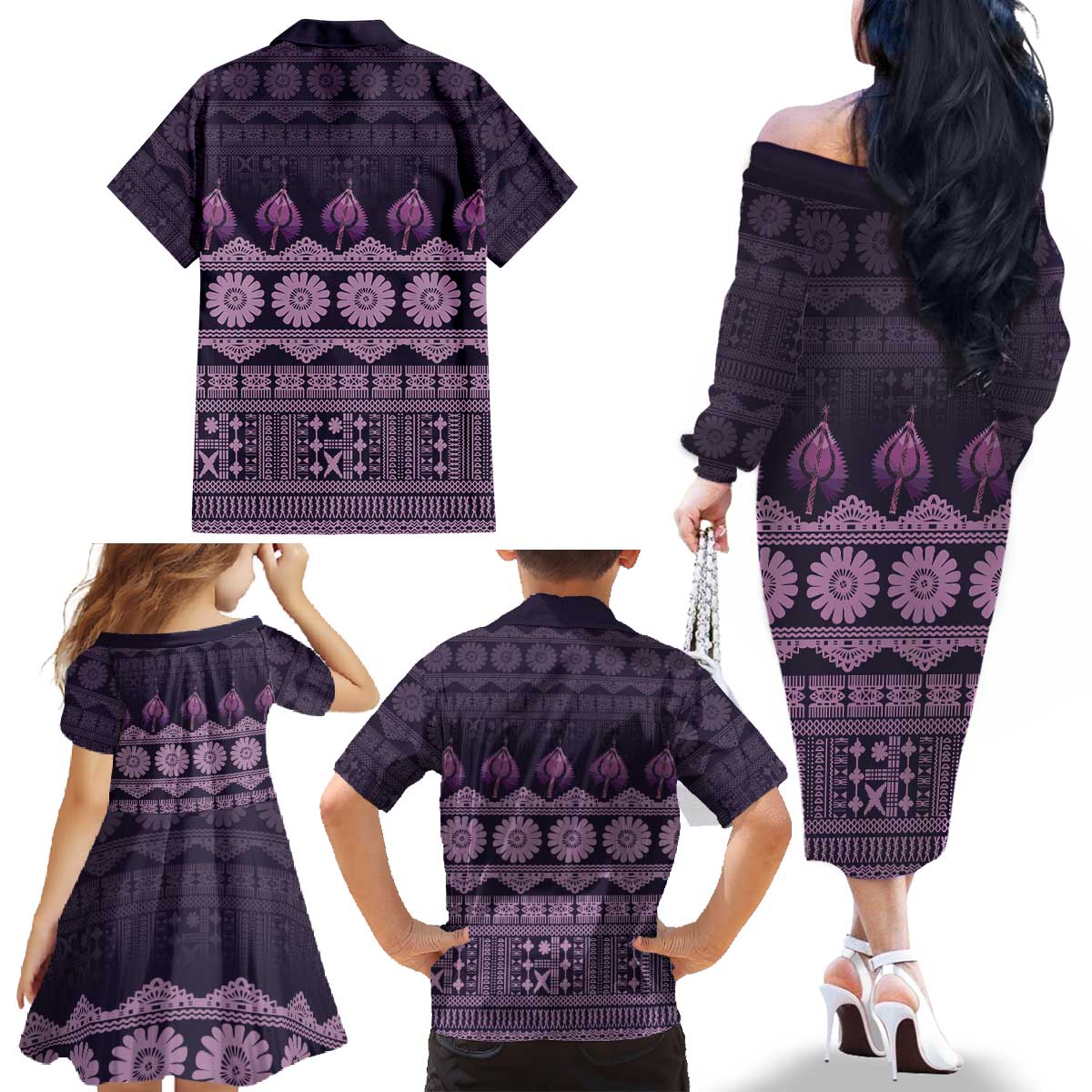 Bula Fiji Iri ni Meke Family Matching Off The Shoulder Long Sleeve Dress and Hawaiian Shirt Lokaloka Fijian Masi LT14 - Polynesian Pride