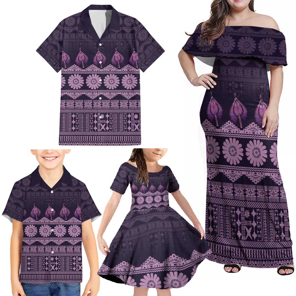 Bula Fiji Iri ni Meke Family Matching Off Shoulder Maxi Dress and Hawaiian Shirt Lokaloka Fijian Masi LT14 - Polynesian Pride
