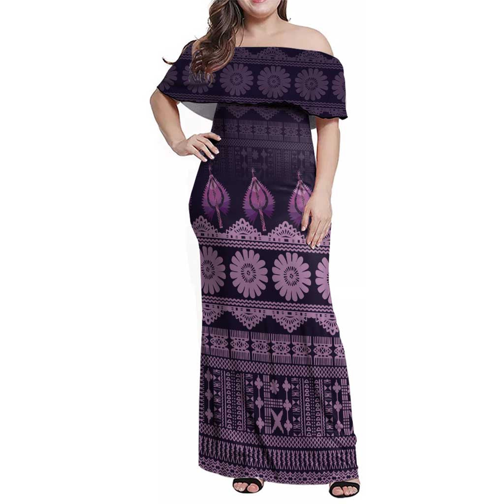 Bula Fiji Iri ni Meke Family Matching Off Shoulder Maxi Dress and Hawaiian Shirt Lokaloka Fijian Masi LT14 Mom's Dress Purple - Polynesian Pride