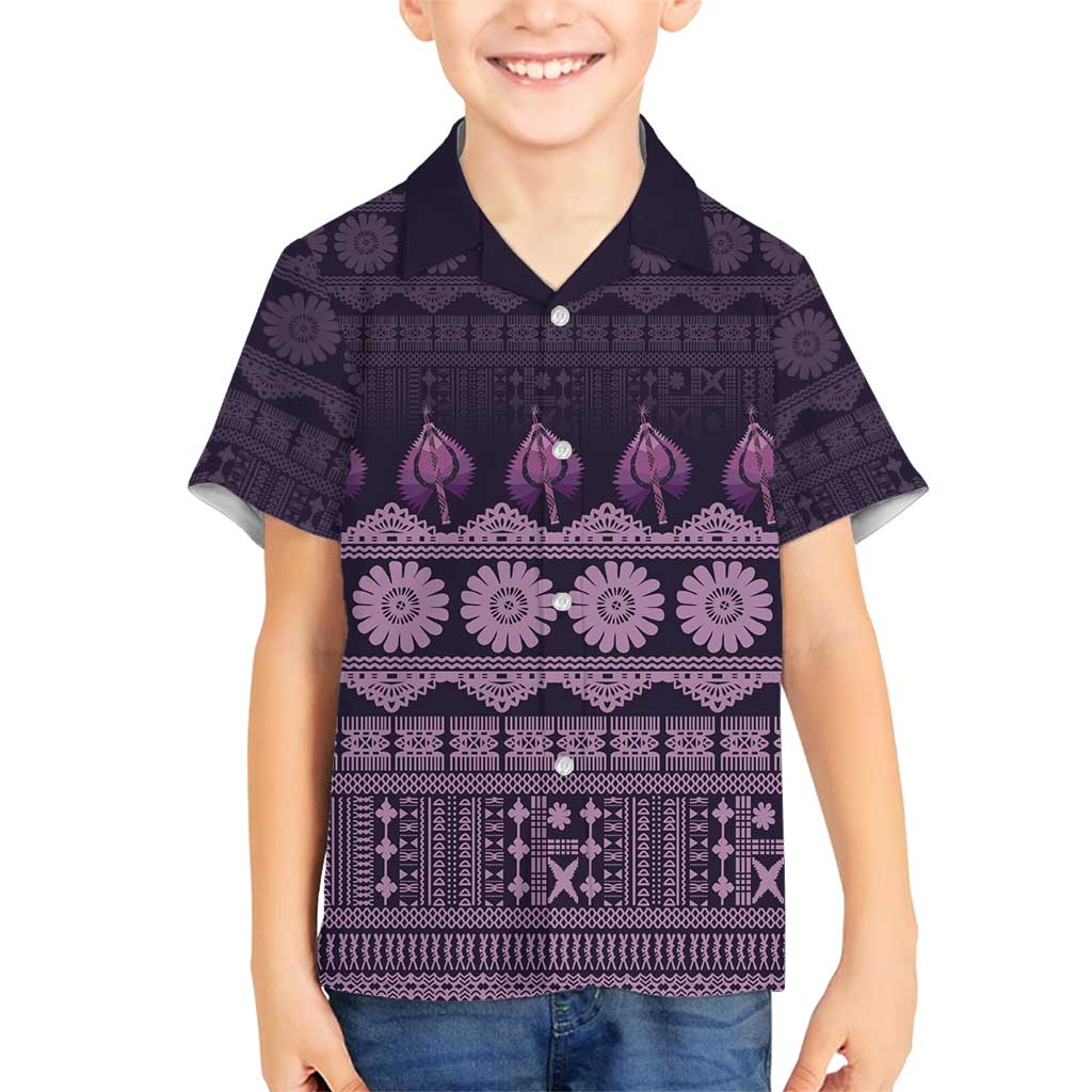 Bula Fiji Iri ni Meke Family Matching Off Shoulder Maxi Dress and Hawaiian Shirt Lokaloka Fijian Masi LT14 Son's Shirt Purple - Polynesian Pride