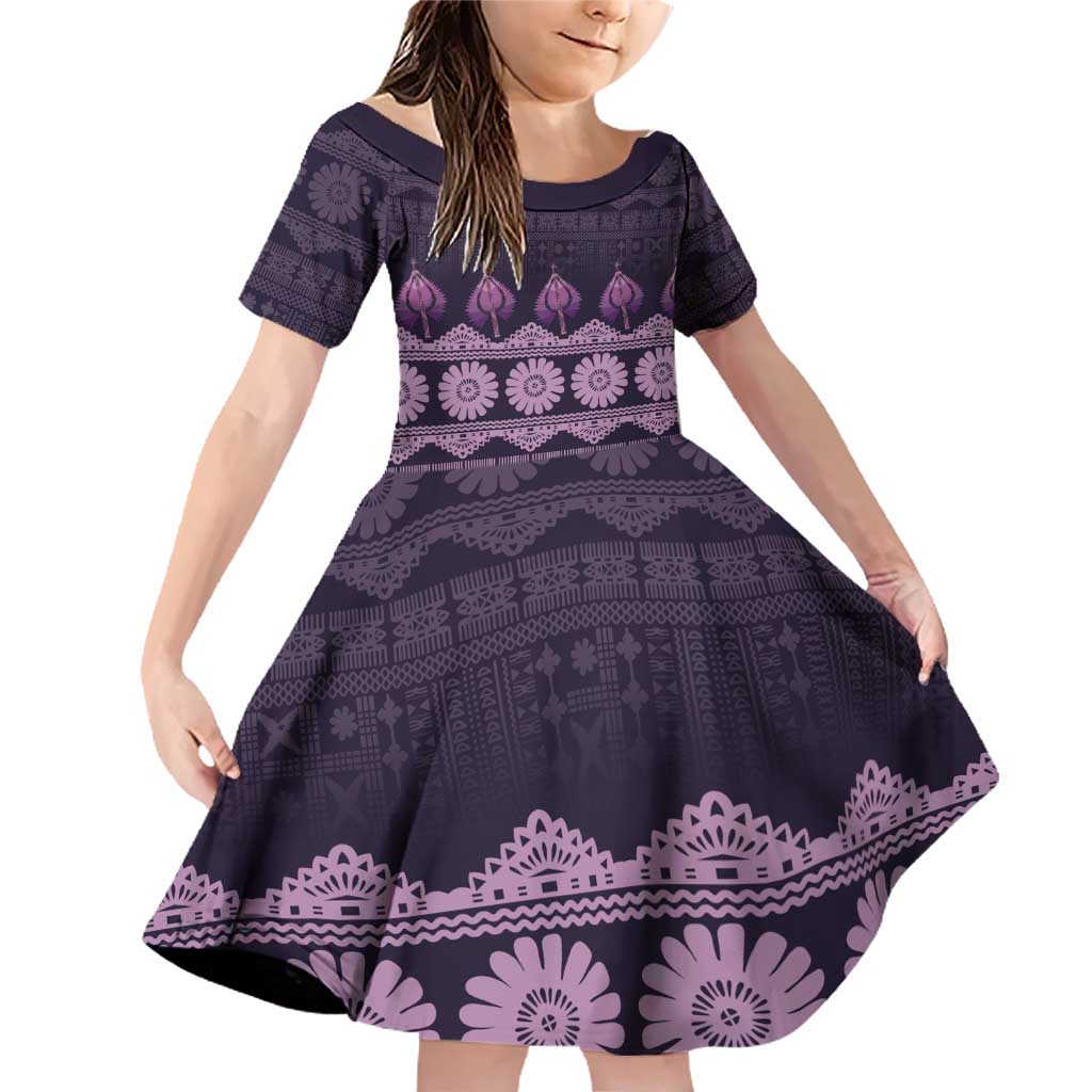 Bula Fiji Iri ni Meke Family Matching Off Shoulder Short Dress and Hawaiian Shirt Lokaloka Fijian Masi LT14 Daughter's Dress Purple - Polynesian Pride