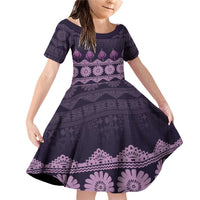 Bula Fiji Iri ni Meke Family Matching Off Shoulder Short Dress and Hawaiian Shirt Lokaloka Fijian Masi LT14 Daughter's Dress Purple - Polynesian Pride