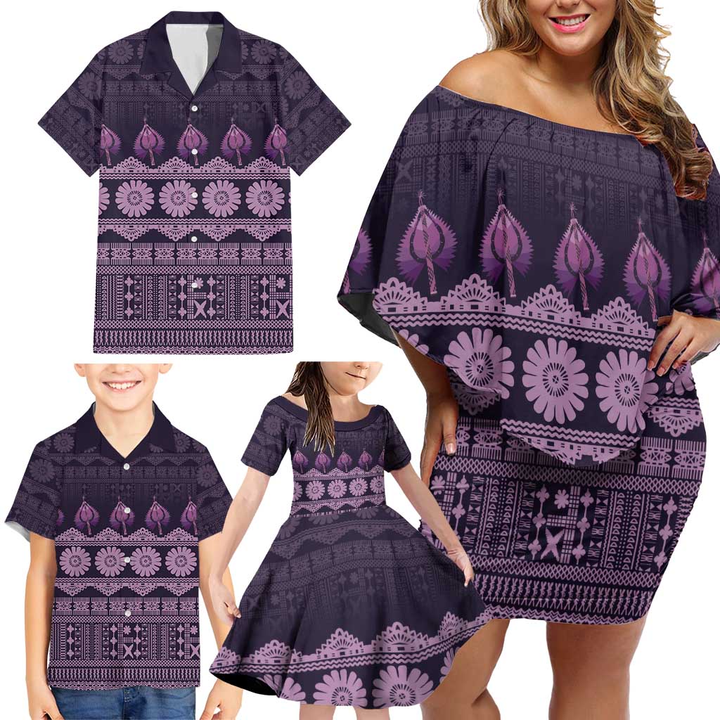 Bula Fiji Iri ni Meke Family Matching Off Shoulder Short Dress and Hawaiian Shirt Lokaloka Fijian Masi LT14 - Polynesian Pride