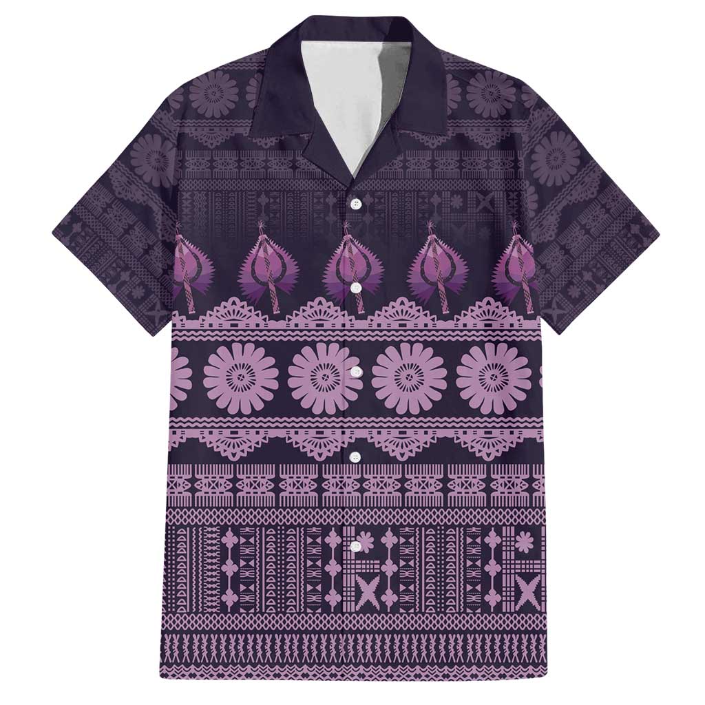 Bula Fiji Iri ni Meke Family Matching Off Shoulder Short Dress and Hawaiian Shirt Lokaloka Fijian Masi LT14 Dad's Shirt - Short Sleeve Purple - Polynesian Pride
