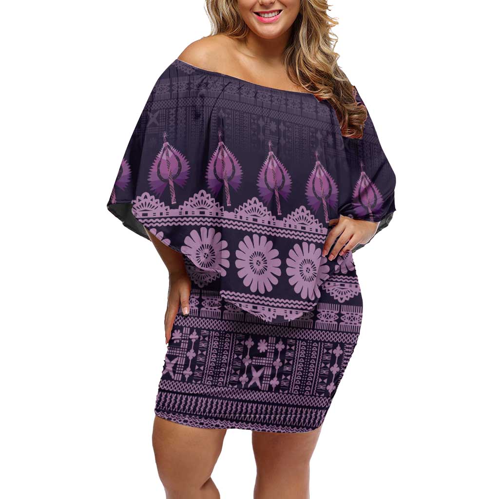 Bula Fiji Iri ni Meke Family Matching Off Shoulder Short Dress and Hawaiian Shirt Lokaloka Fijian Masi LT14 Mom's Dress Purple - Polynesian Pride