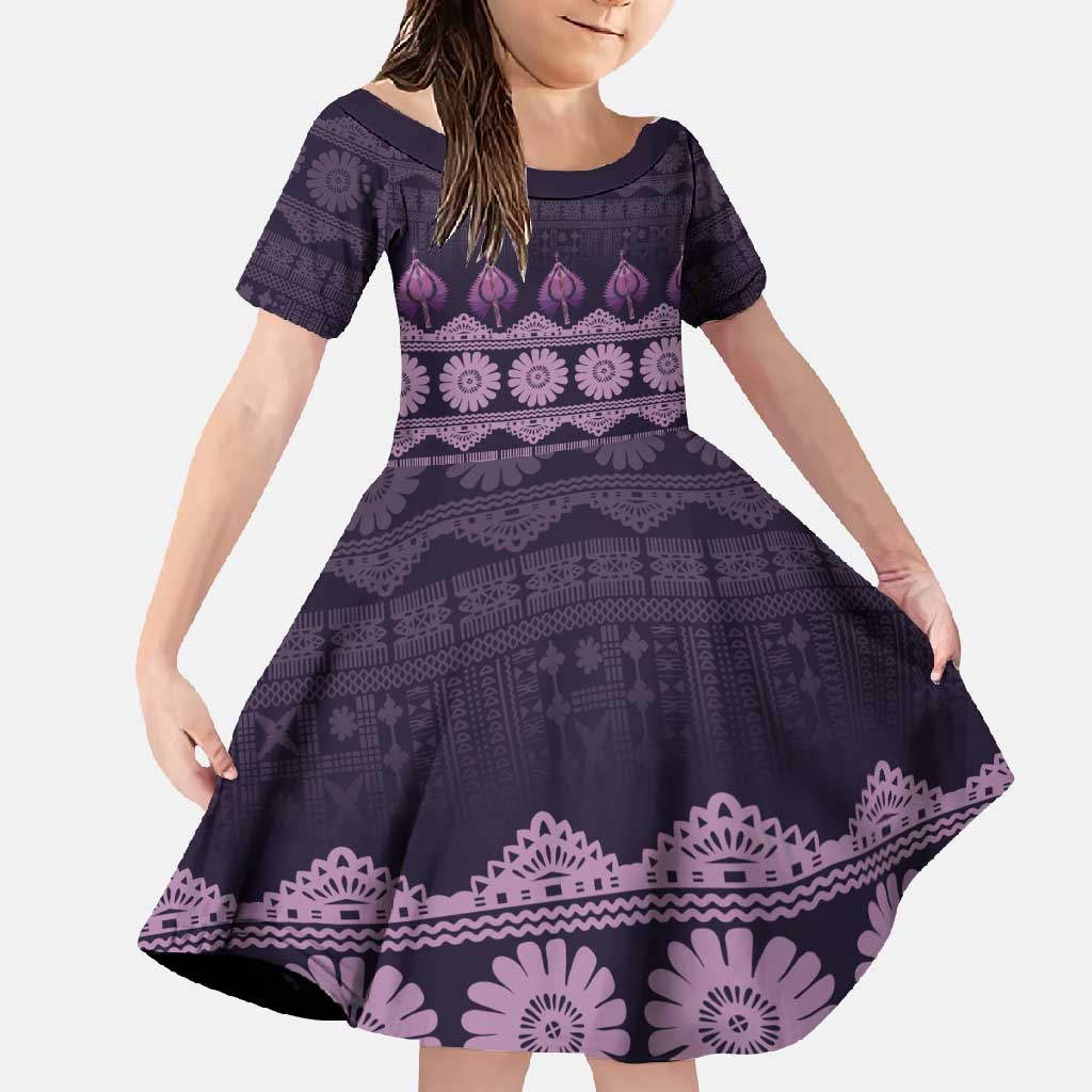 Bula Fiji Iri ni Meke Family Matching Summer Maxi Dress and Hawaiian Shirt Lokaloka Fijian Masi LT14 Daughter's Dress Purple - Polynesian Pride