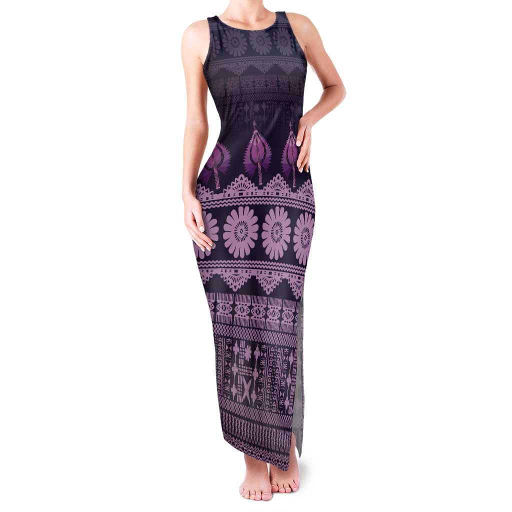 Bula Fiji Iri ni Meke Family Matching Tank Maxi Dress and Hawaiian Shirt Lokaloka Fijian Masi LT14 Mom's Dress Purple - Polynesian Pride
