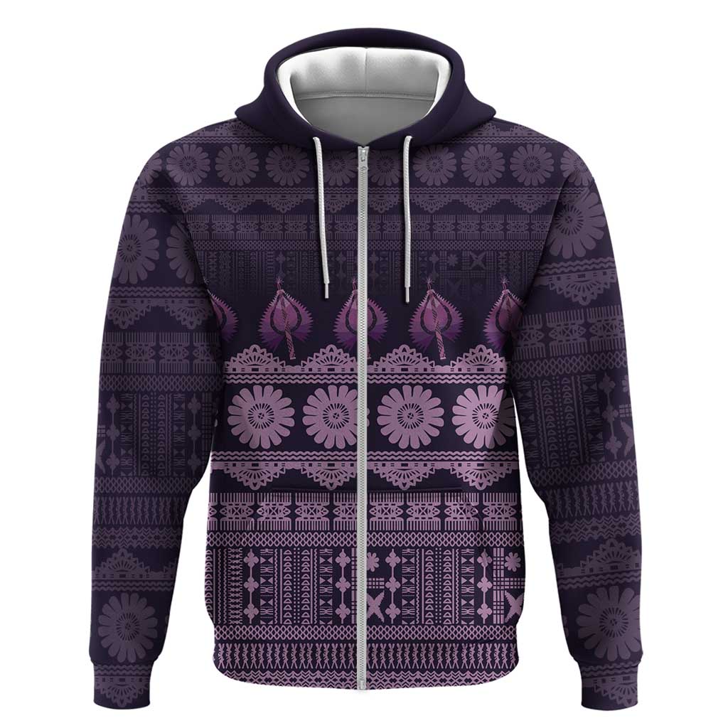 Bula Fiji Iri ni Meke Hoodie Lokaloka Fijian Masi LT14 Zip Hoodie Purple - Polynesian Pride